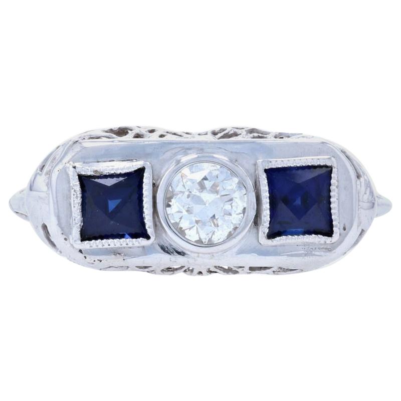 Art Deco Diamond & Synthetic Sapphire Ring, 18k Gold Vintage European .31 Carat For Sale