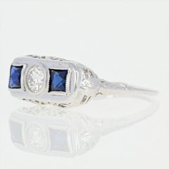 Art Deco Diamond and Synthetic Sapphire Ring, 18 Karat Gold European .31 Carat