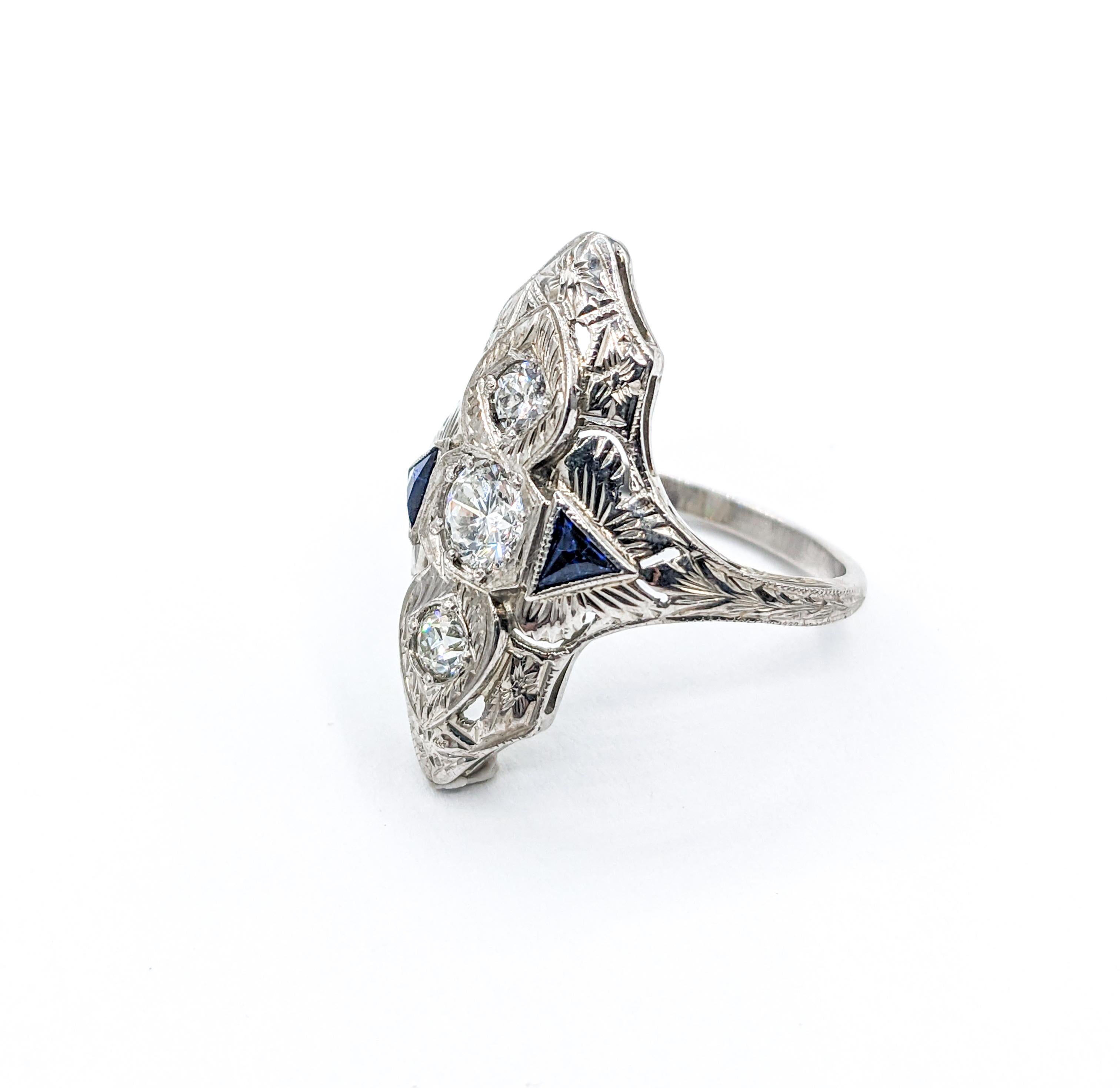 Round Cut Art Deco Diamond & Synthetic Sapphire Ring For Sale