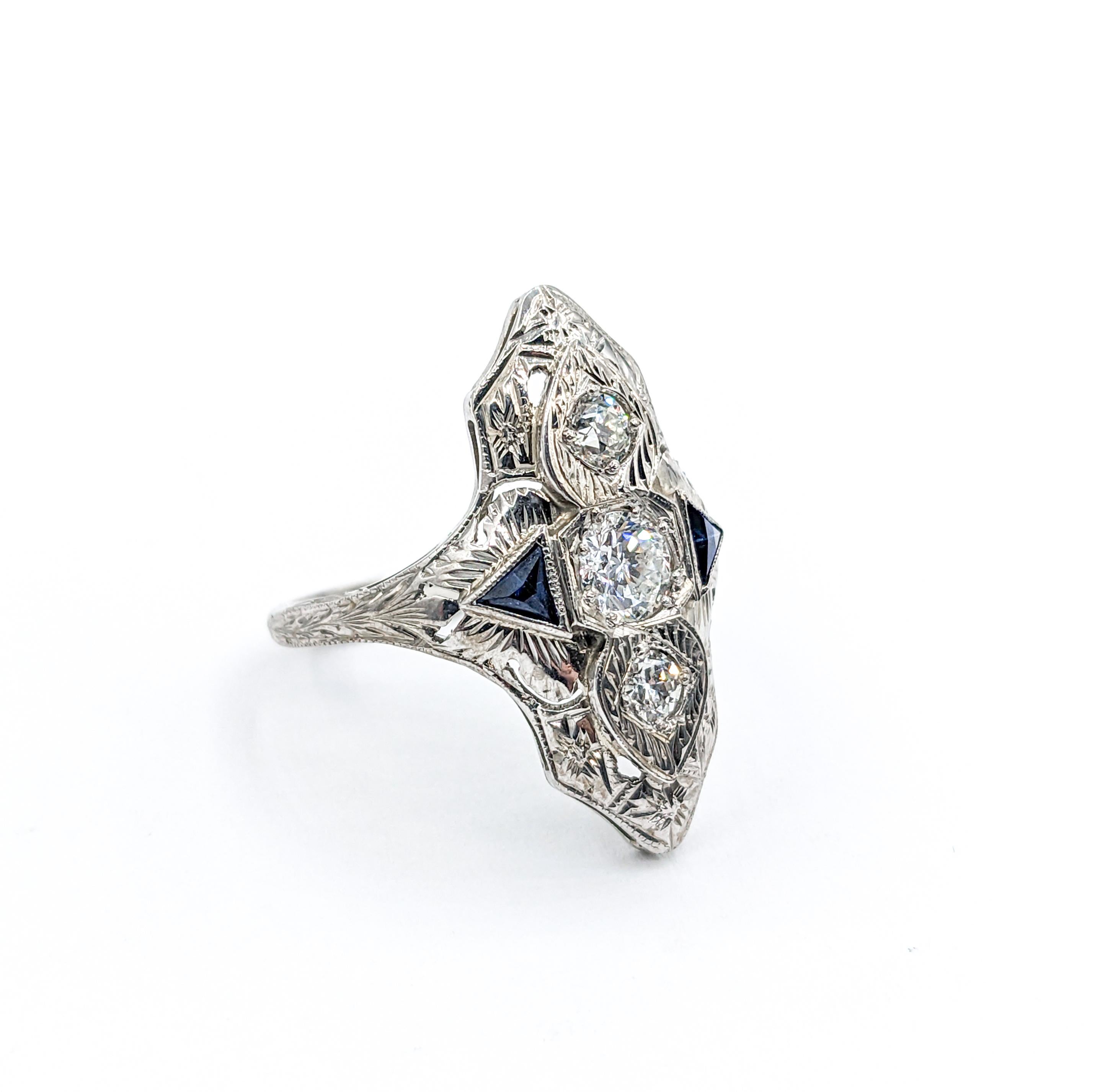 Art Deco Diamond & Synthetic Sapphire Ring For Sale 1