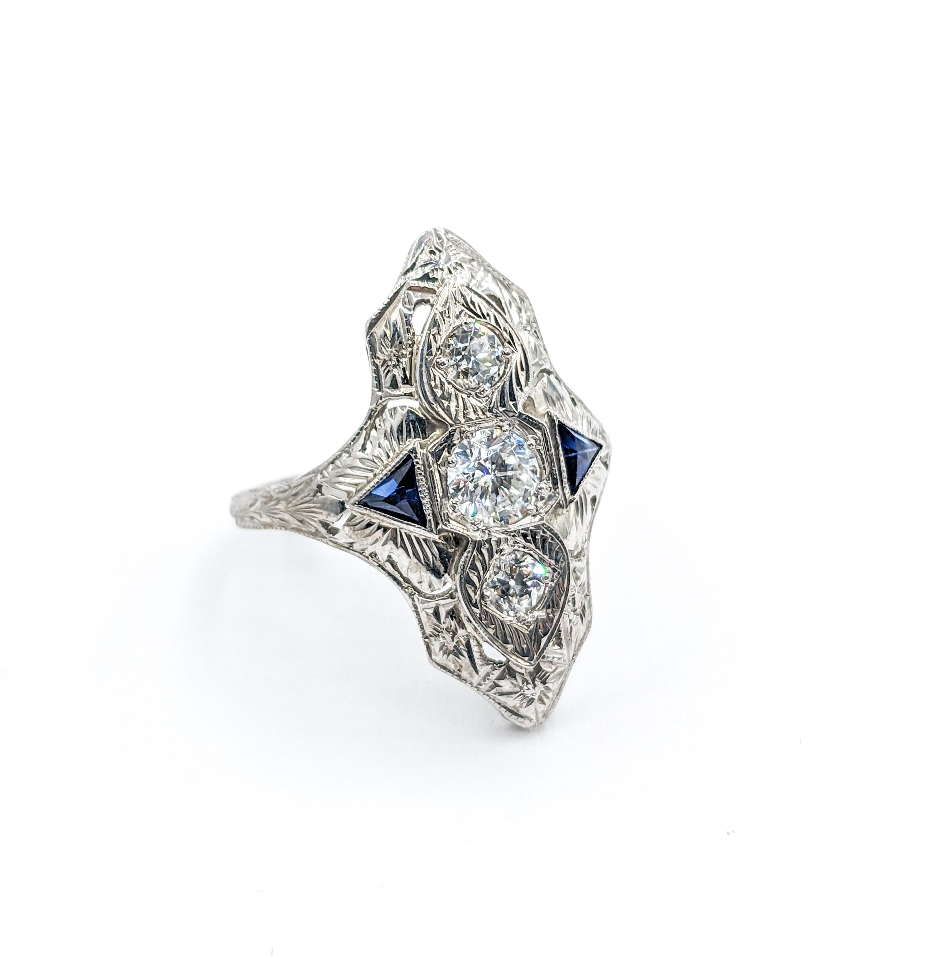 Art Deco Diamond & Synthetic Sapphire Ring For Sale 2