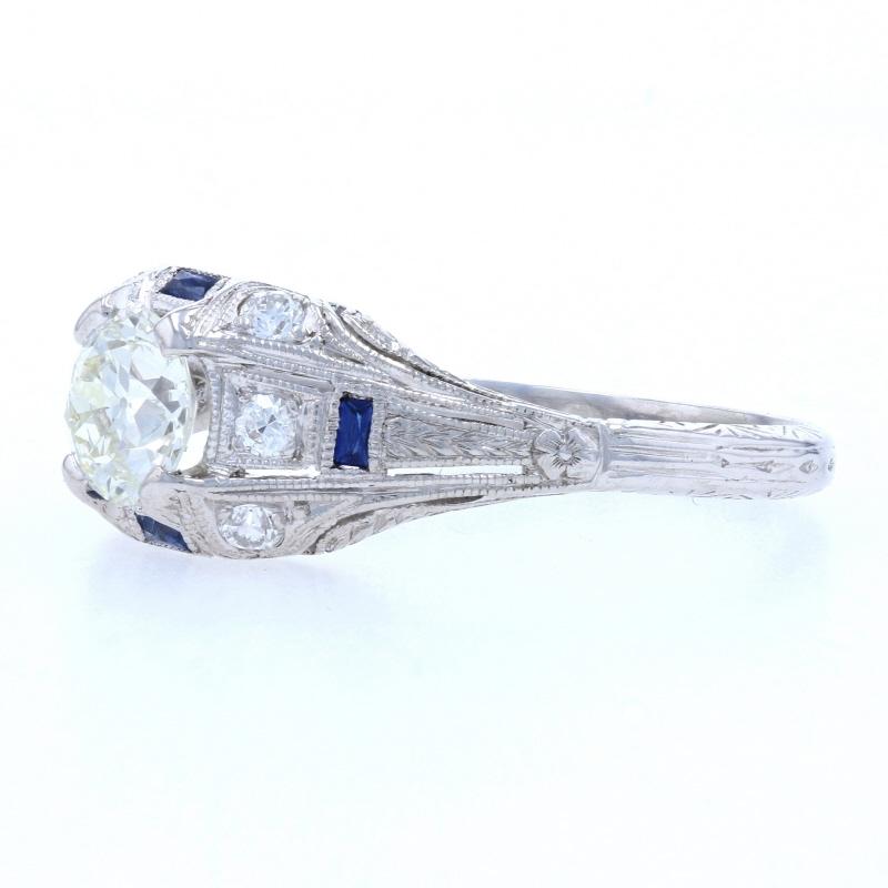 Old European Cut Art Deco Diamond & Synthetic Sapphire Ring, Platinum & 18k Gold European 1.01ctw