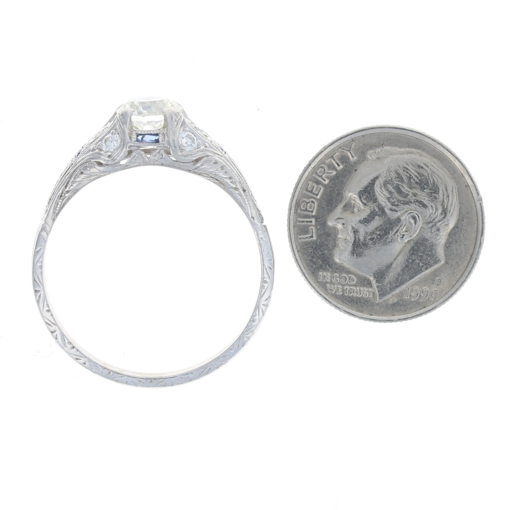 Women's Art Deco Diamond & Synthetic Sapphire Ring, Platinum & 18k Gold European 1.01ctw