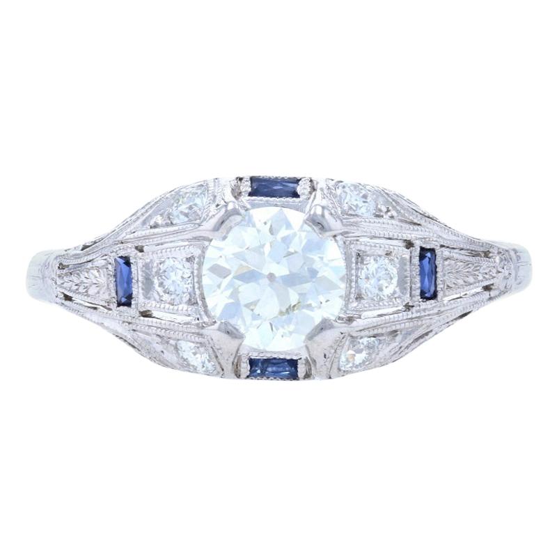 Art Deco Diamond & Synthetic Sapphire Ring, Platinum & 18k Gold European 1.01ctw