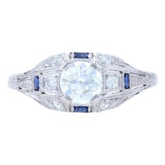 Art Deco Diamond 
Synthetic Sapphire Ring, Platinum 
18k Gold European 1.01ctw