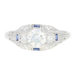 Antique Art Deco Diamond & Synthetic Sapphire Ring, Platinum & 18k Gold European 1.01ctw