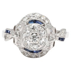 Anello Art Deco con diamante e zaffiro sintetico, platino, misura 7