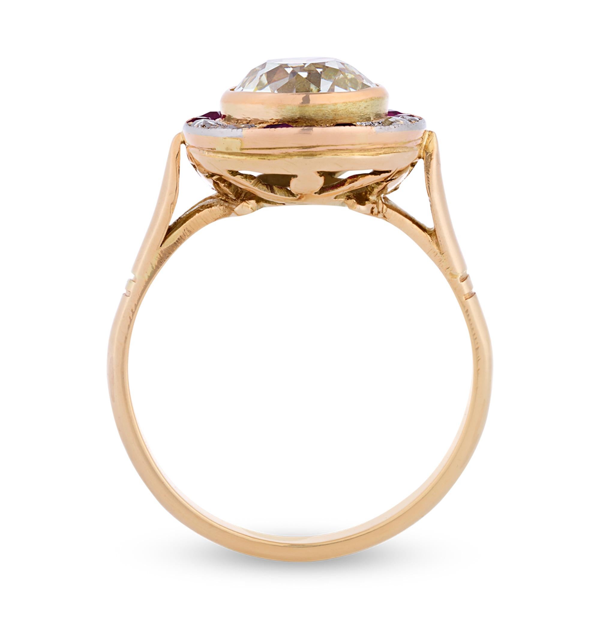 A striking example of Art Deco design, this exquisite target ring showcases a dazzling Old European cut diamond weighing 2.60 carats. A report from LGEML Gemological Laboratory accompanies the center stone, which is graded as L color and VS1