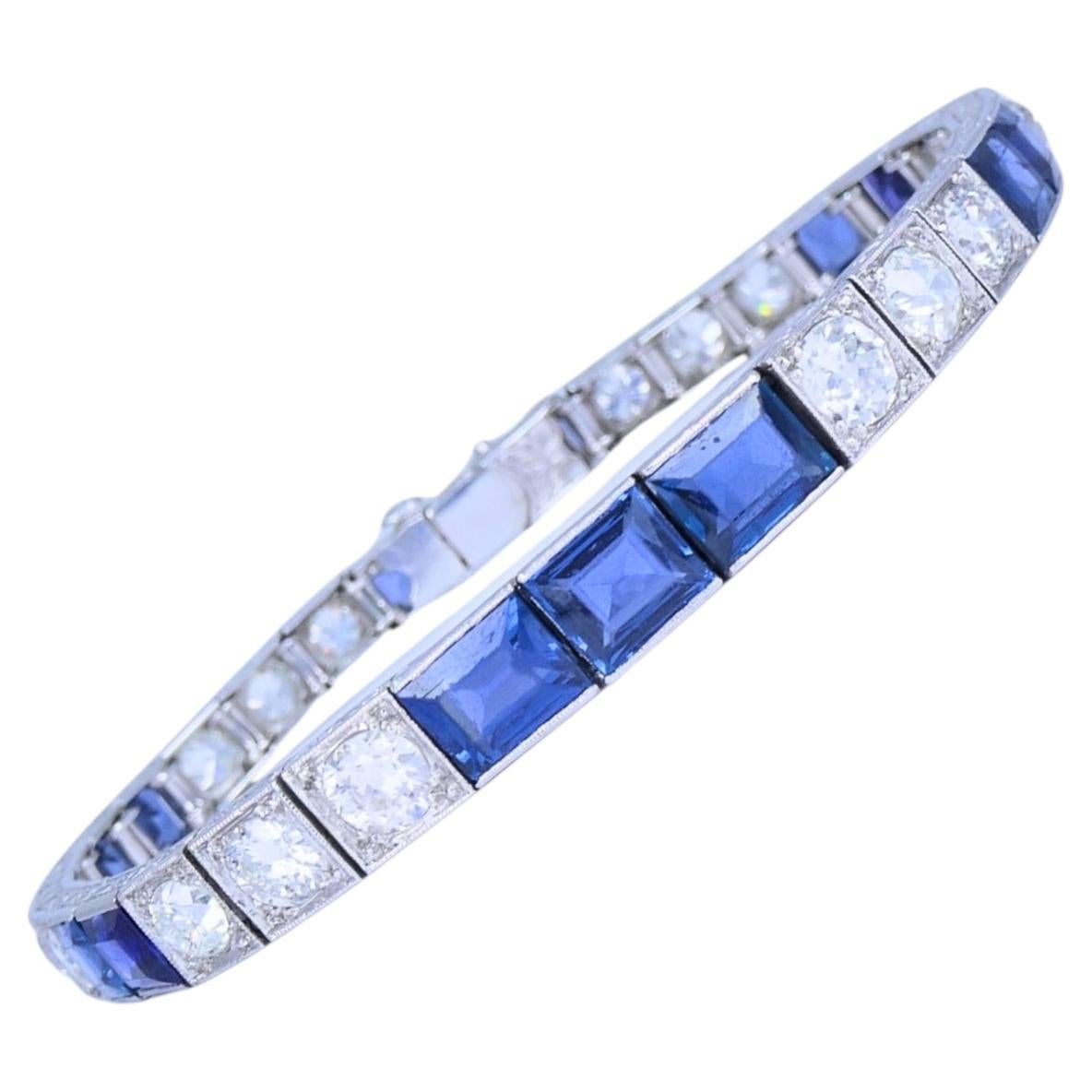 Art Deco Diamond Tennis Bracelet Sapphire Platinum Estate Jewelry