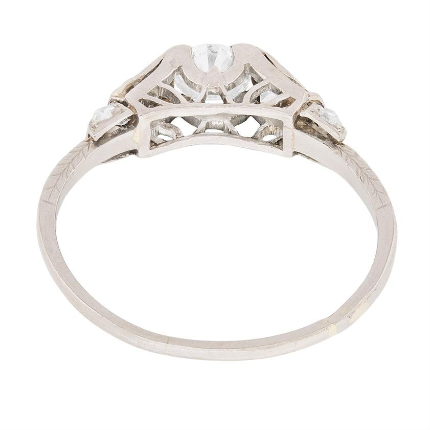 Old European Cut Art Deco Diamond Three-Stone Engagement Ring, circa 1920s For Sale