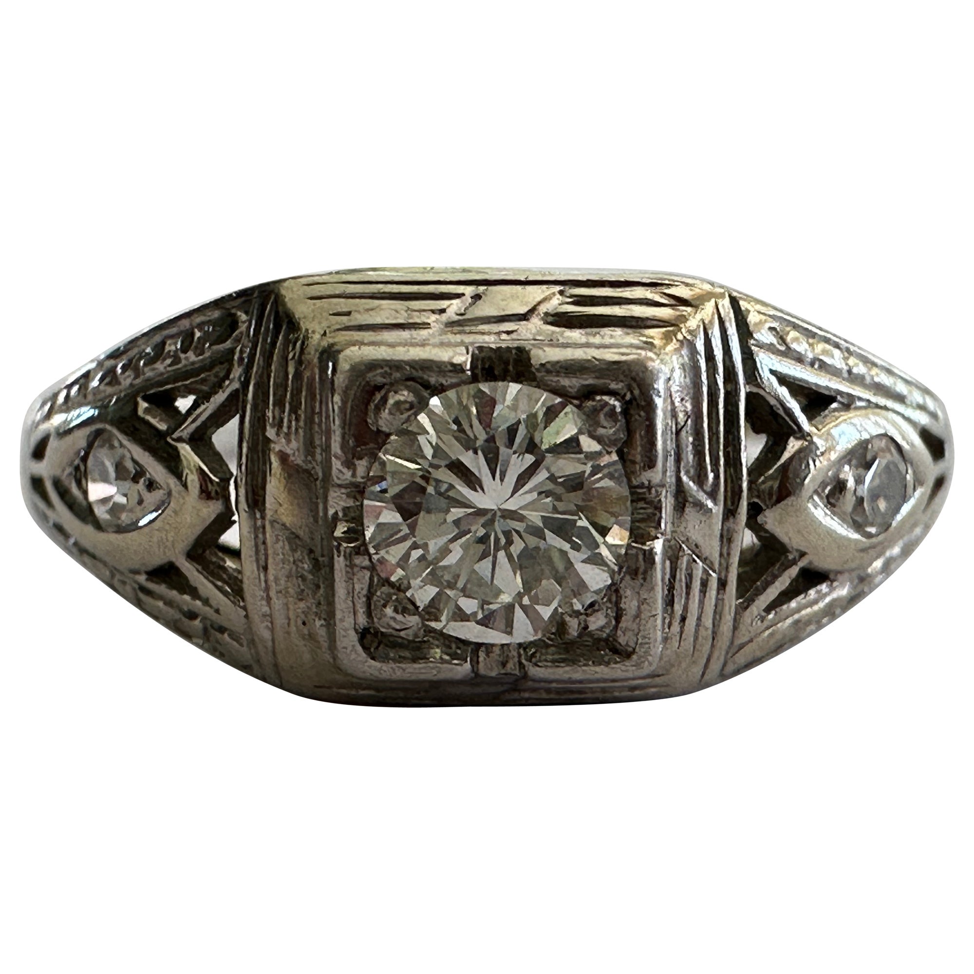 Bague de fiançailles à trois pierres en diamant Art Deco