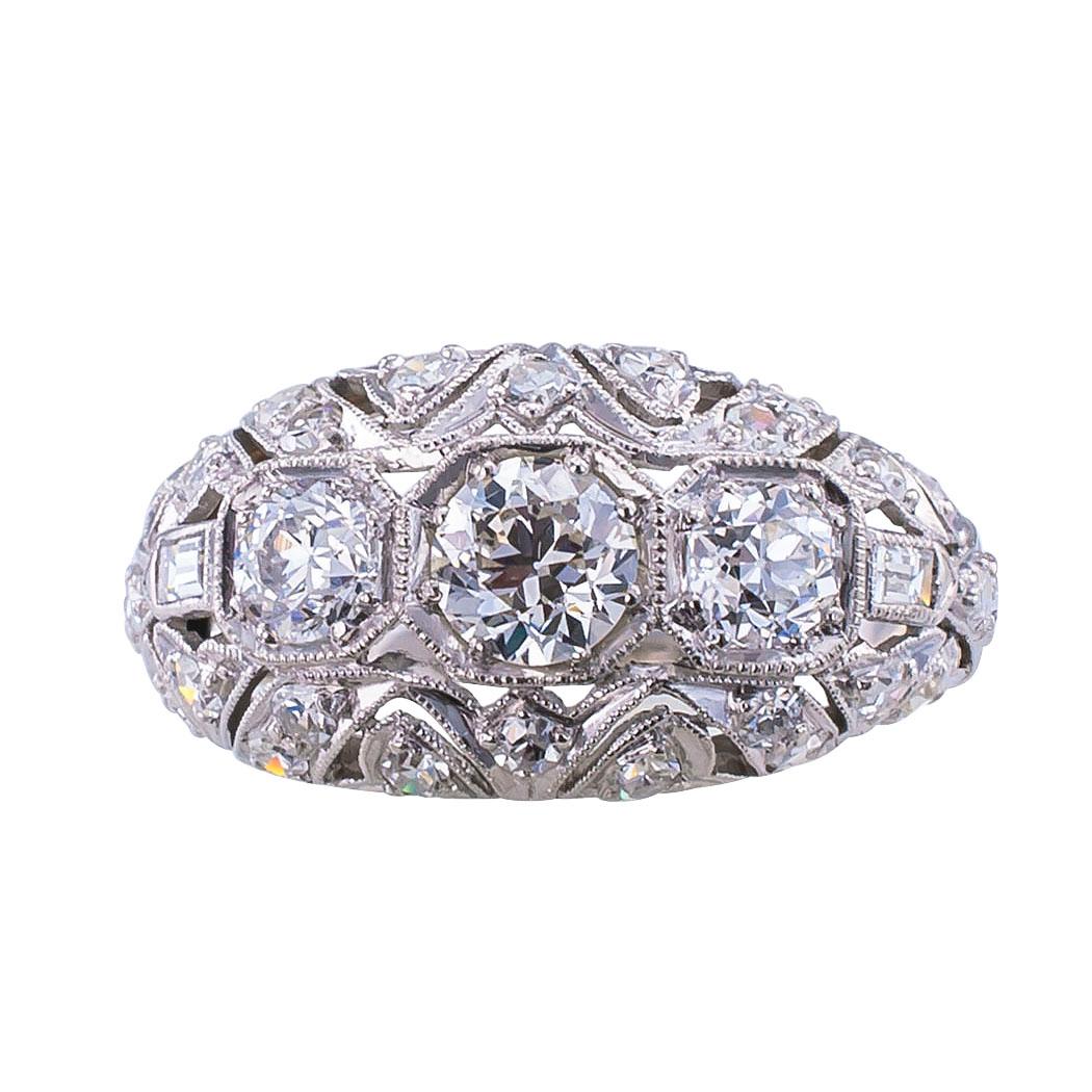 Round Cut Art Deco Diamond Three-Stone Platinum Ring