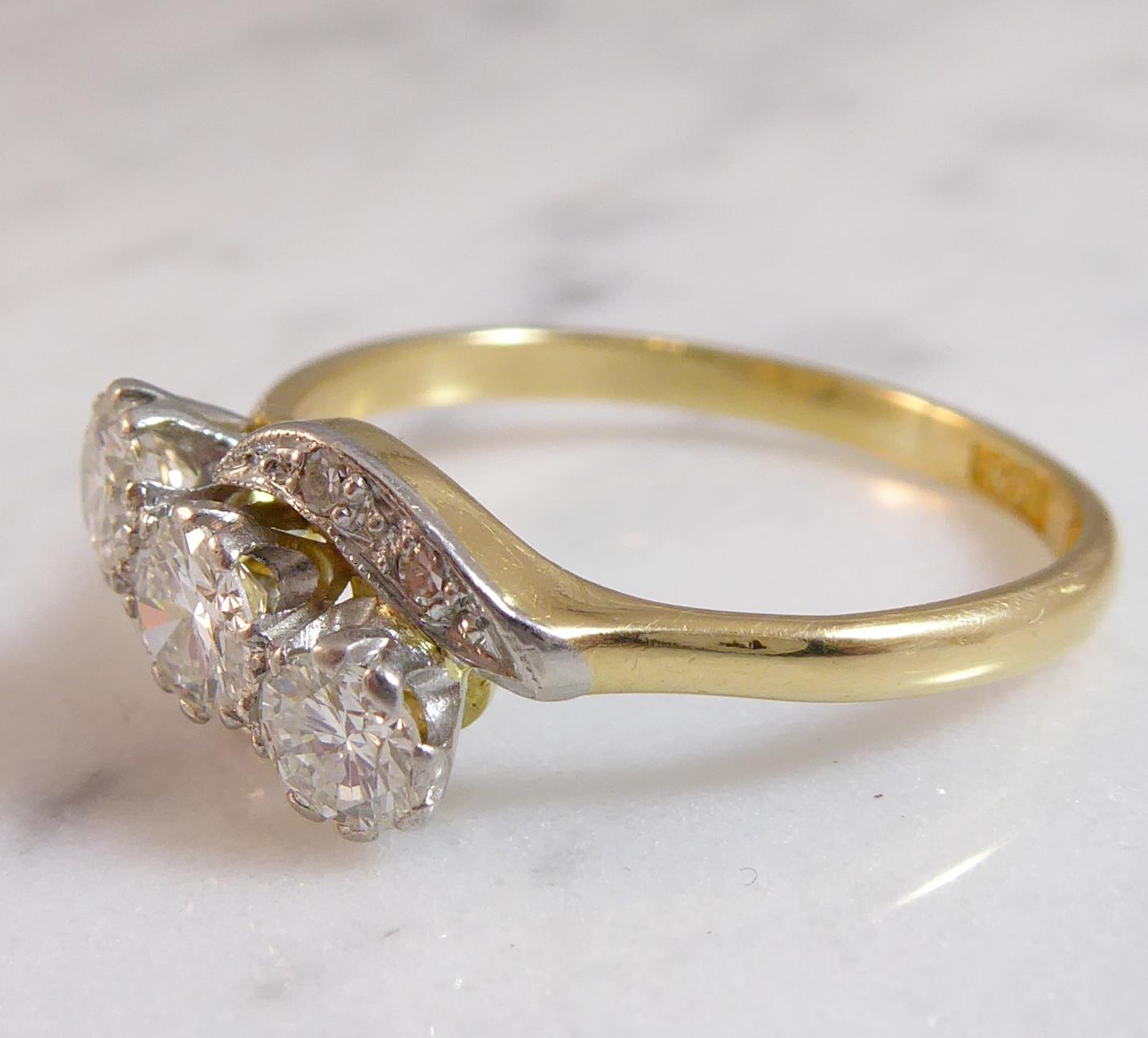 Art Deco Diamond Three-Stone Ring, 0.74 Carat Cross-Over Twist Diamond Shoulders In Good Condition In Yorkshire, West Yorkshire