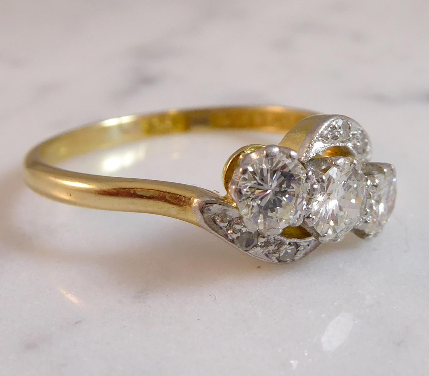 Women's Art Deco Diamond Three-Stone Ring, 0.74 Carat Cross-Over Twist Diamond Shoulders