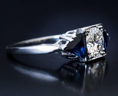 Art Deco Diamond Triangle Sapphire Platinum Engagement Ring