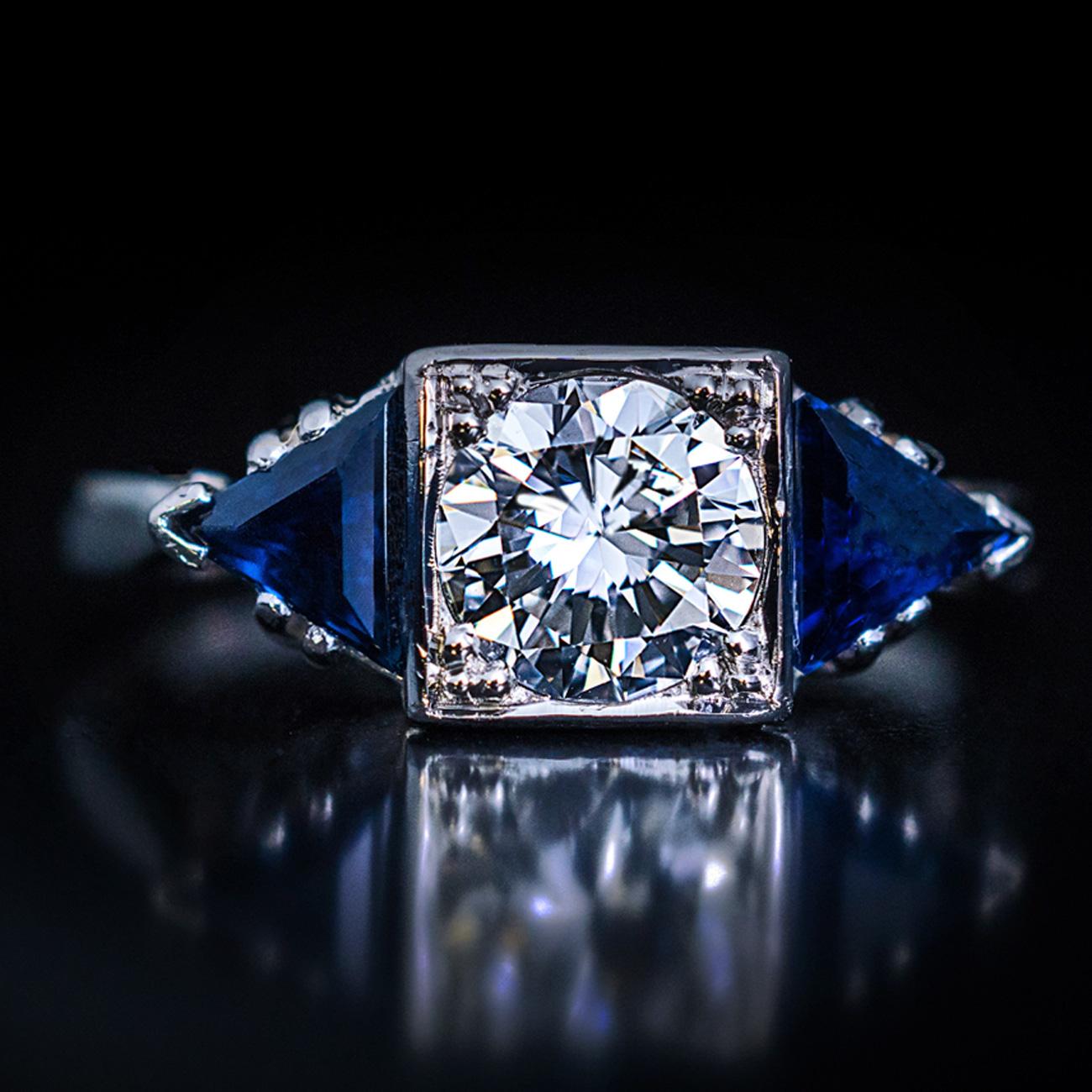 Women's Art Deco Diamond Triangle Sapphire Platinum Engagement Ring