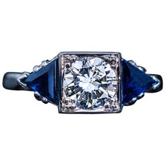 Art Deco Diamond Triangle Sapphire Platinum Engagement Ring