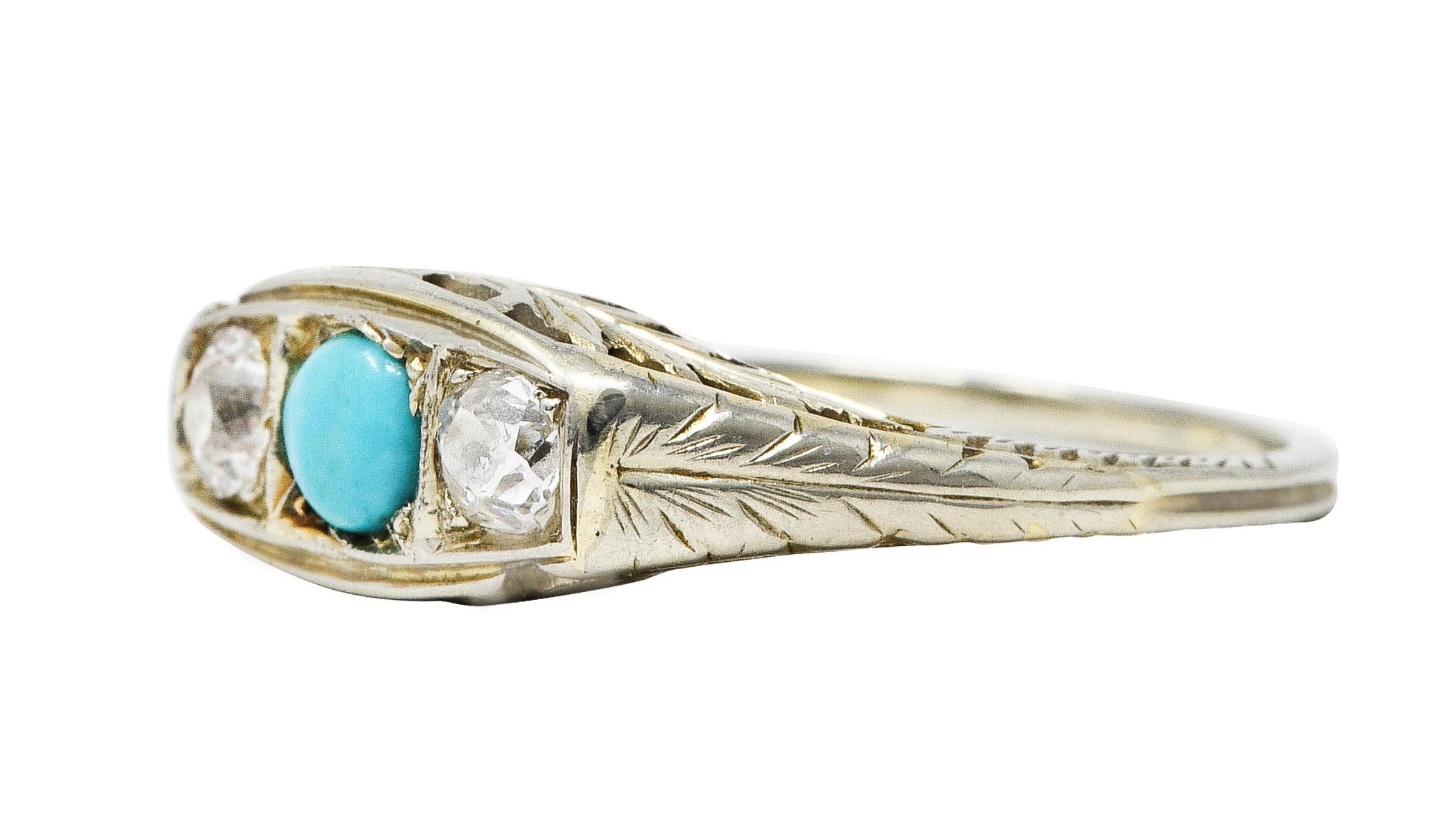 Art Deco Diamond Turquoise 14 Karat White Gold Three Stone Ring In Excellent Condition In Philadelphia, PA