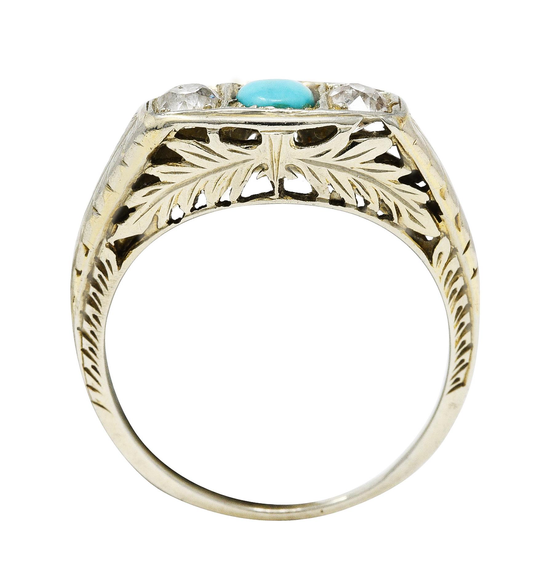 Women's or Men's Art Deco Diamond Turquoise 14 Karat White Gold Three Stone Ring