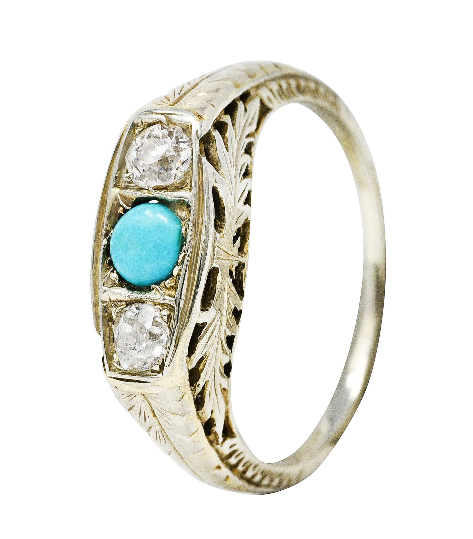 Art Deco Diamond Turquoise 14 Karat White Gold Three Stone Ring 1