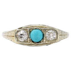 Art Deco Diamond Turquoise 14 Karat White Gold Three Stone Ring