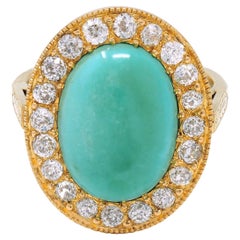 Art Deco Diamond Turquoise Cabochon 14 Karat Gold Vintage Cluster Halo Ring