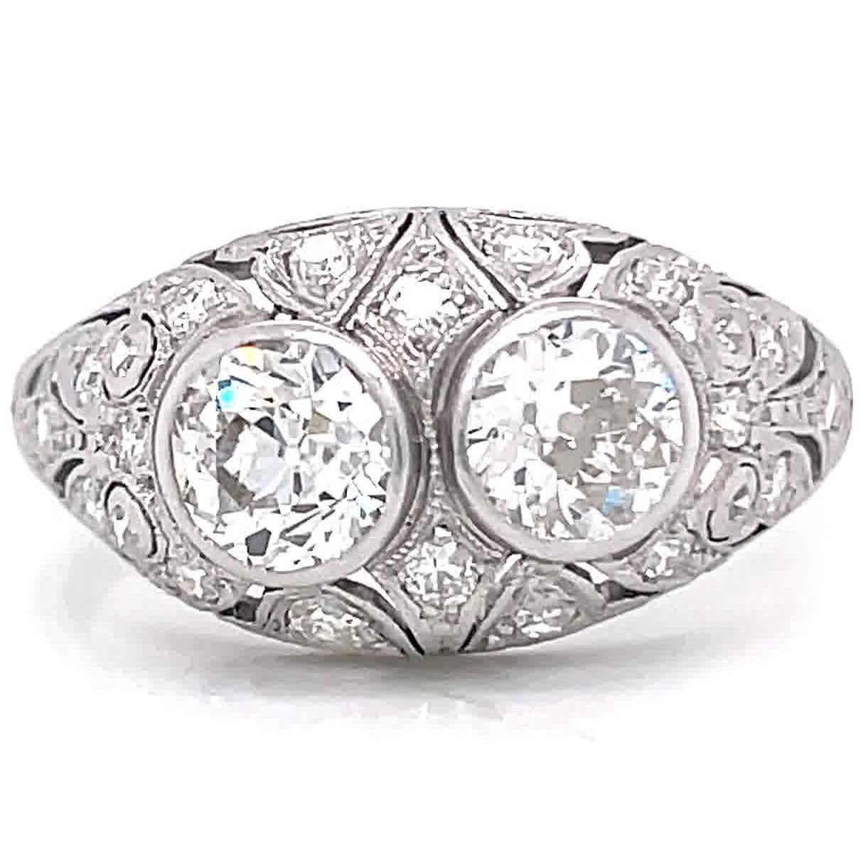 Old European Cut Art Deco Diamond Two Stone Bombe Platinum Ring