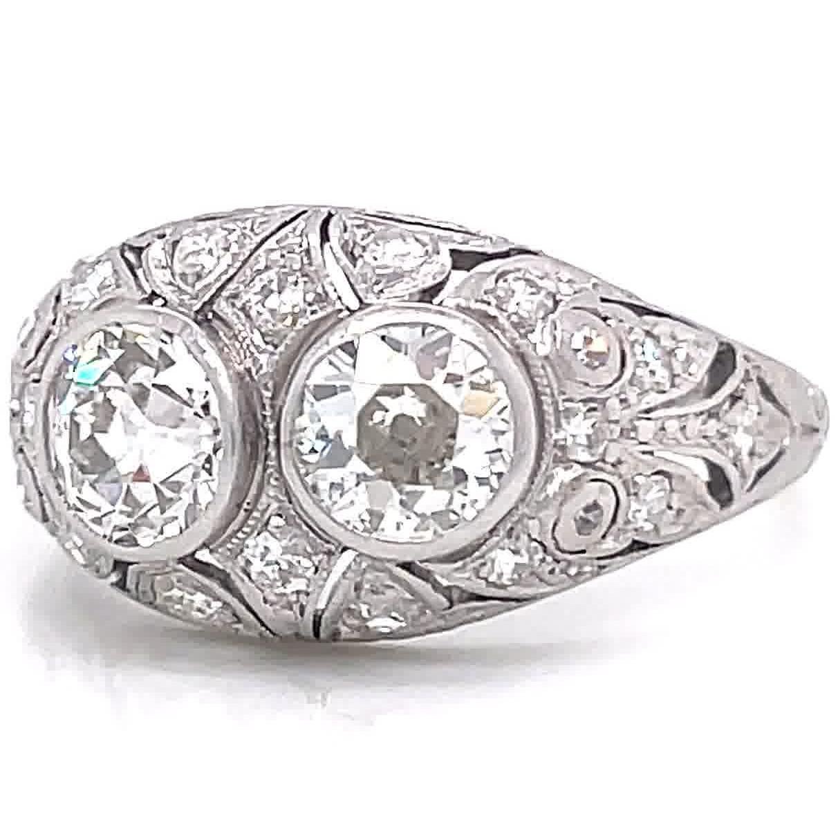 Art Deco Diamond Two Stone Bombe Platinum Ring In Excellent Condition In Beverly Hills, CA