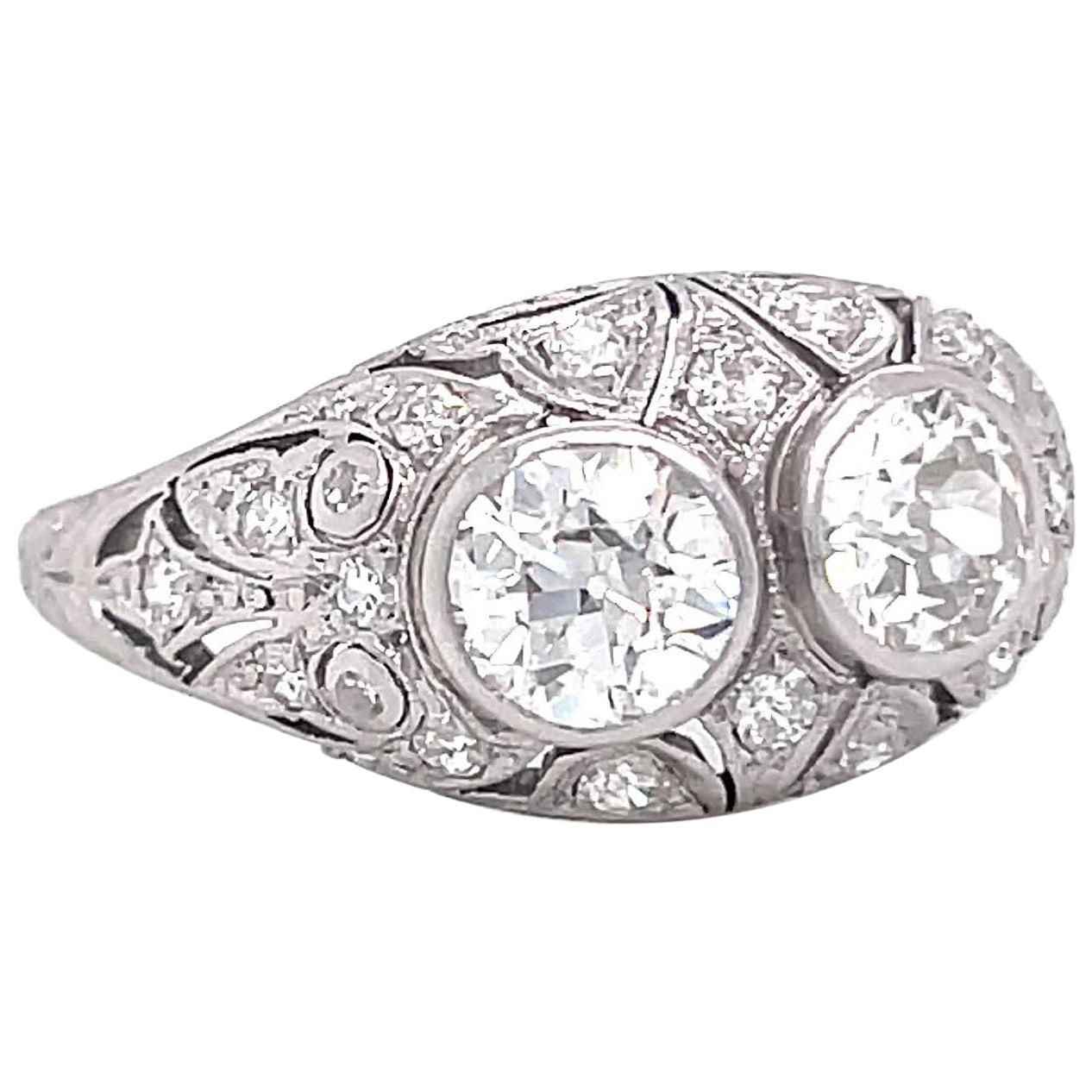 Art Deco Diamond Two Stone Bombe Platinum Ring