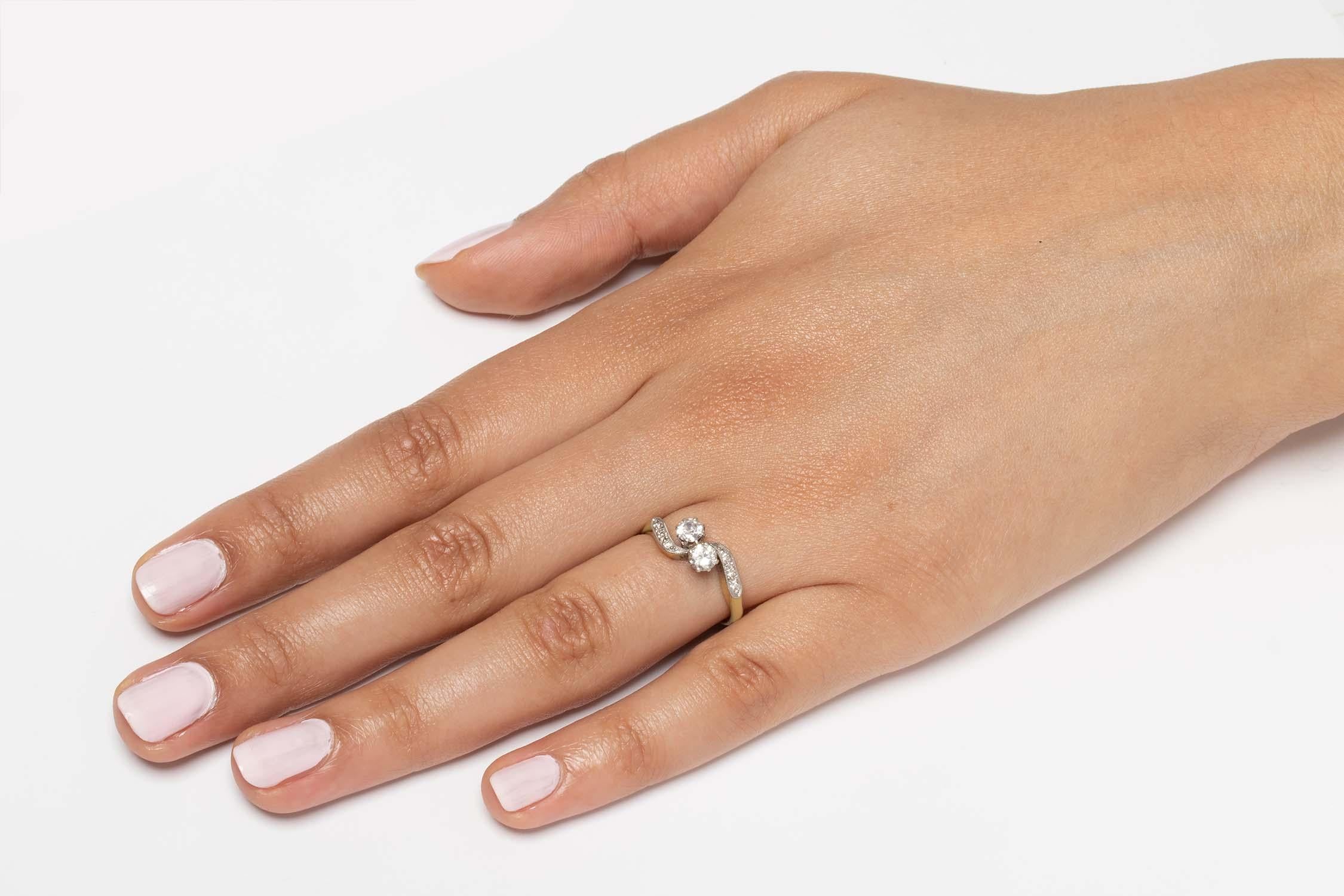 Women's or Men's Art Deco Diamond Two-Stone Twist Engagement Ring, circa 1930s