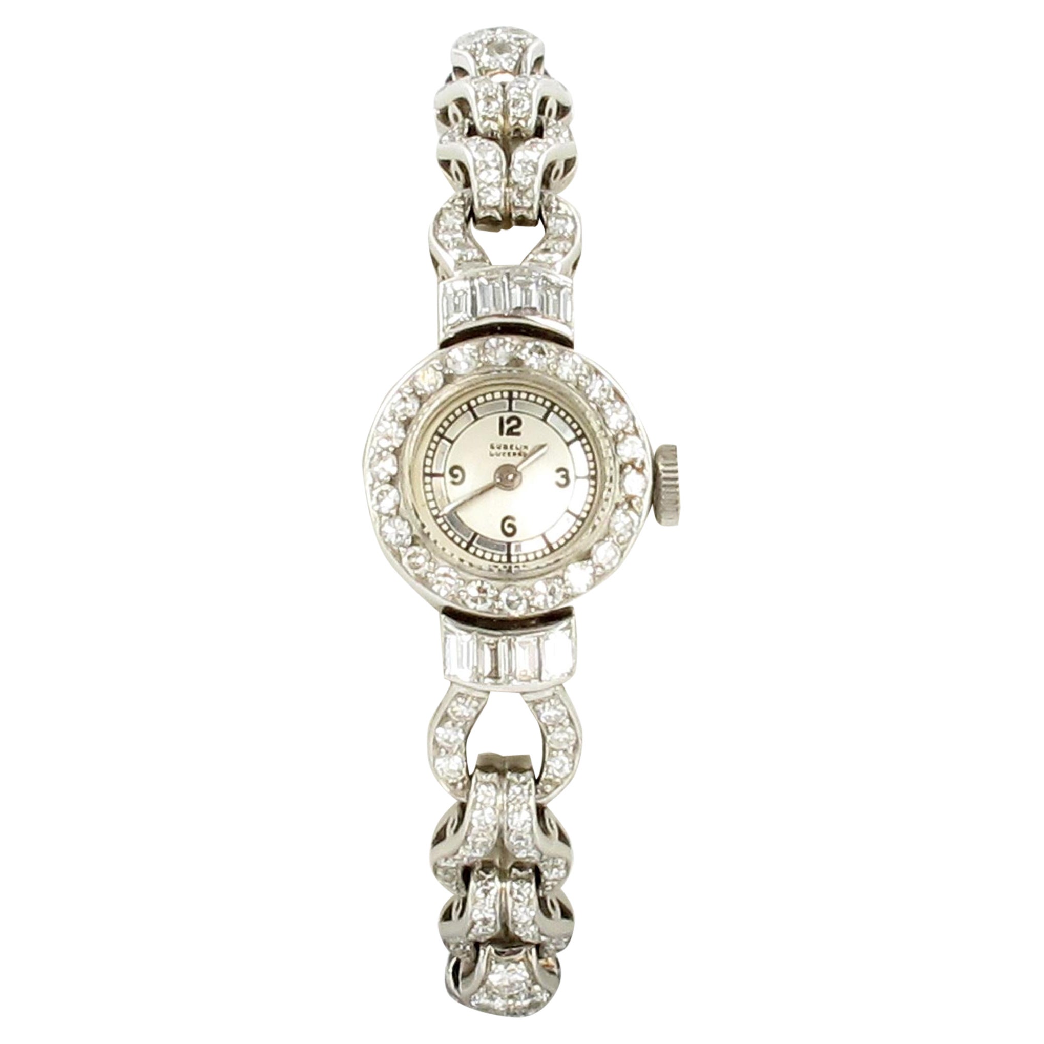 Diamantuhr von Gübelin aus Platin 950 und Weißgold 750 im Art déco-Stil