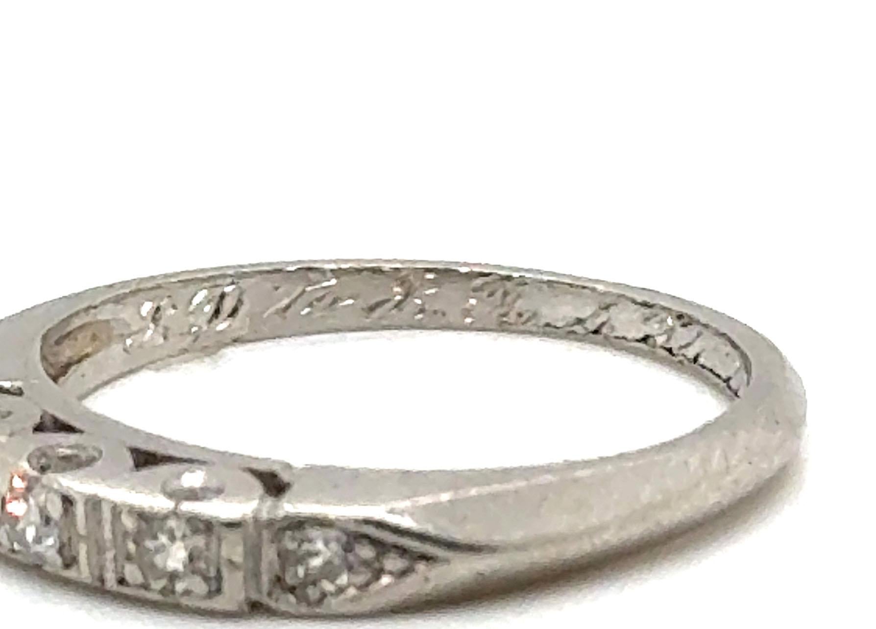 Art Deco  Diamond Wedding Band Genuine Antique Deco Dated 4-24-49 Platinum Ring For Sale