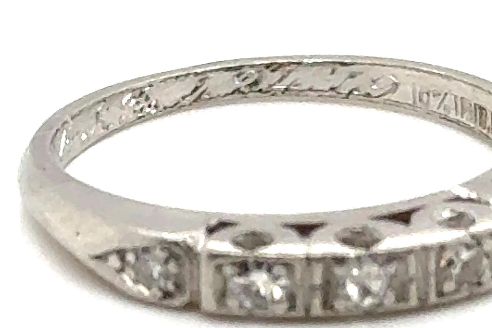 Women's  Diamond Wedding Band Genuine Antique Deco Dated 4-24-49 Platinum Ring For Sale
