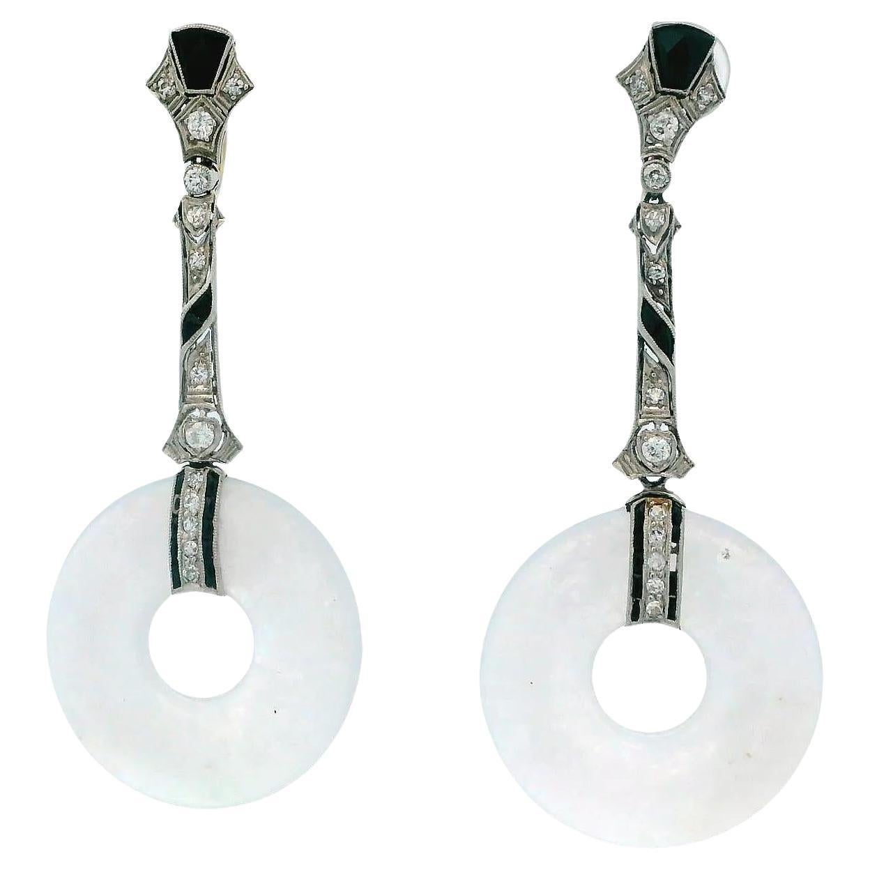 Art Deco Diamond & White "A" Jade Disc Earrings For Sale