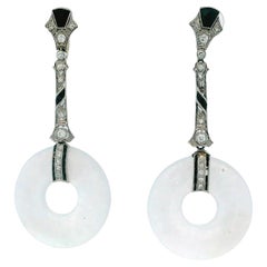 Art Deco Diamond & White "A" Jade Disc Earrings