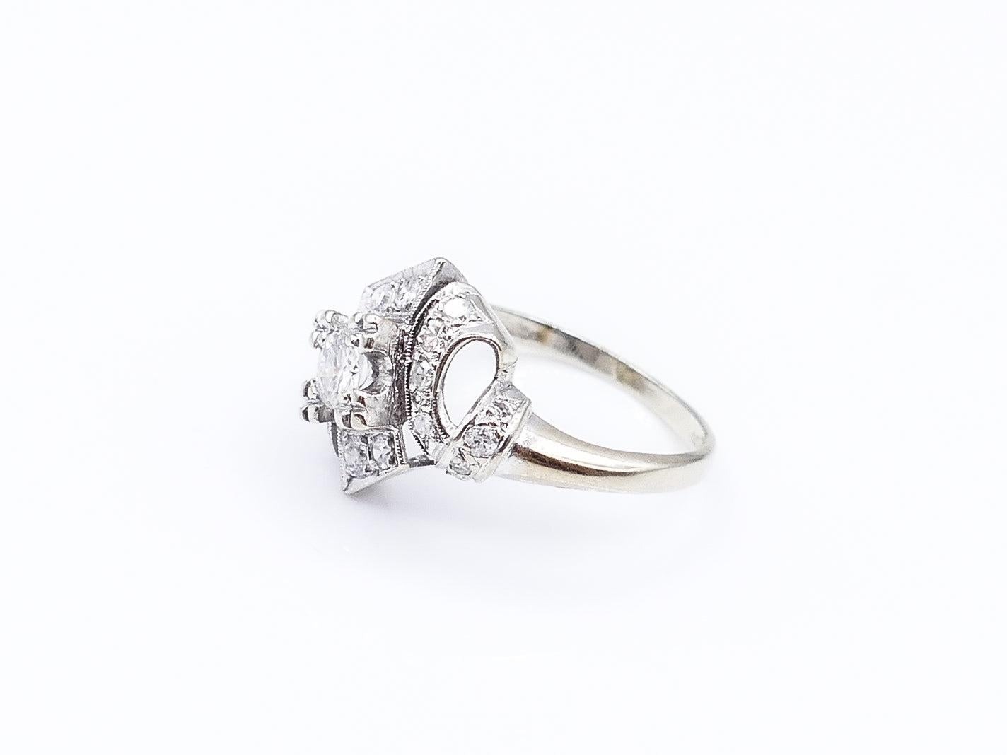 Round Cut Art Deco Diamond White Gold Engagement Ring For Sale