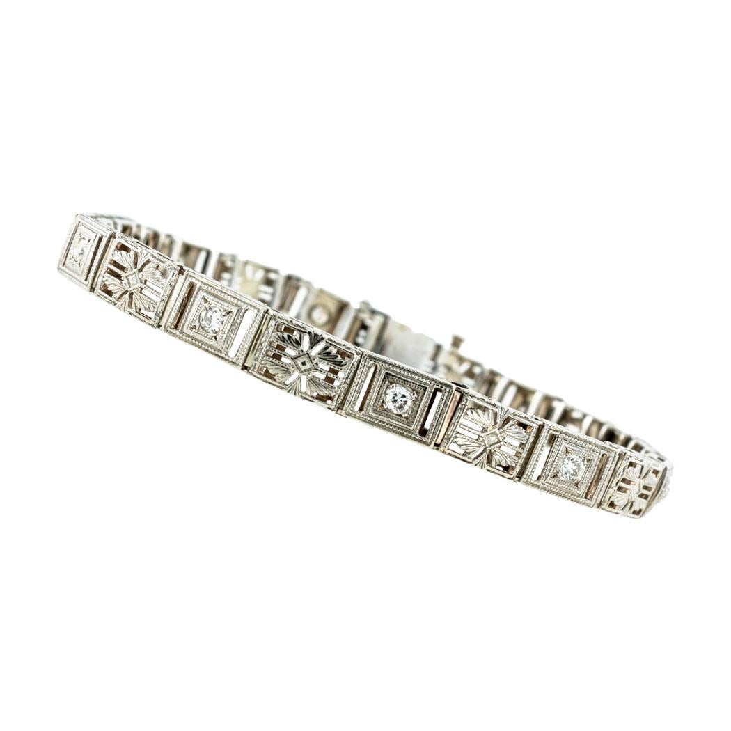 Round Cut Art Deco Diamond White Gold Filigree Line Bracelet
