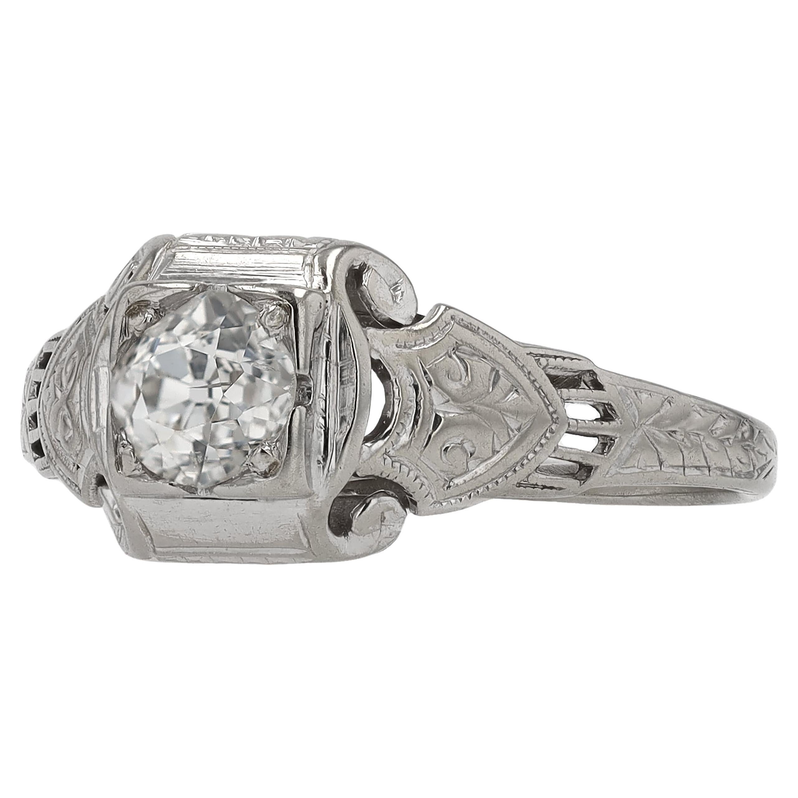 Art Deco Diamond White Gold Filigree Vintage Engagement Ring For Sale