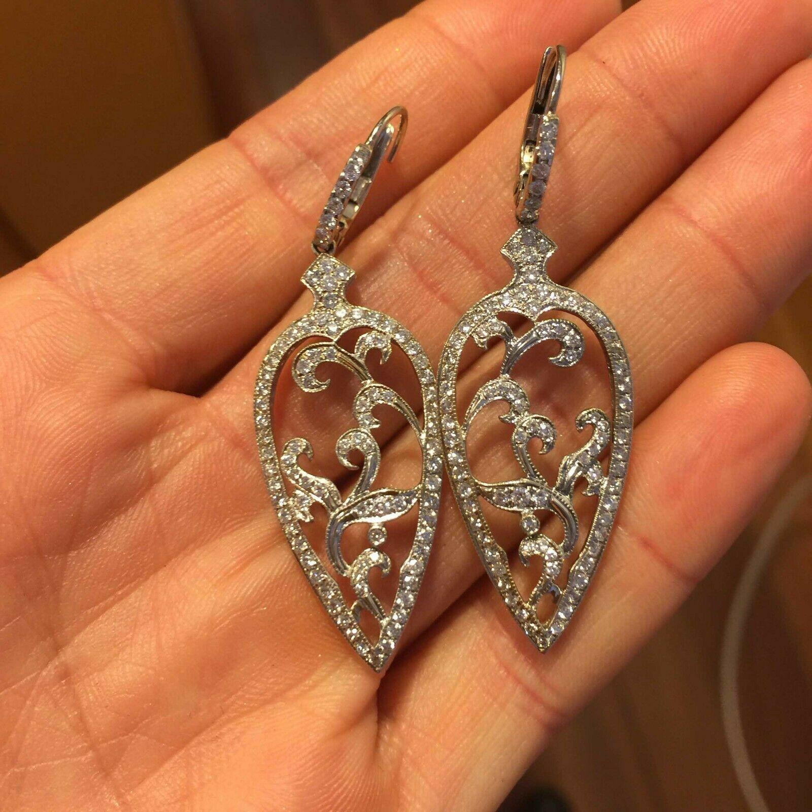 Round Cut Art Deco Style Diamond White Gold Reverse Pear Shaped Cocktail Earrings For Sale