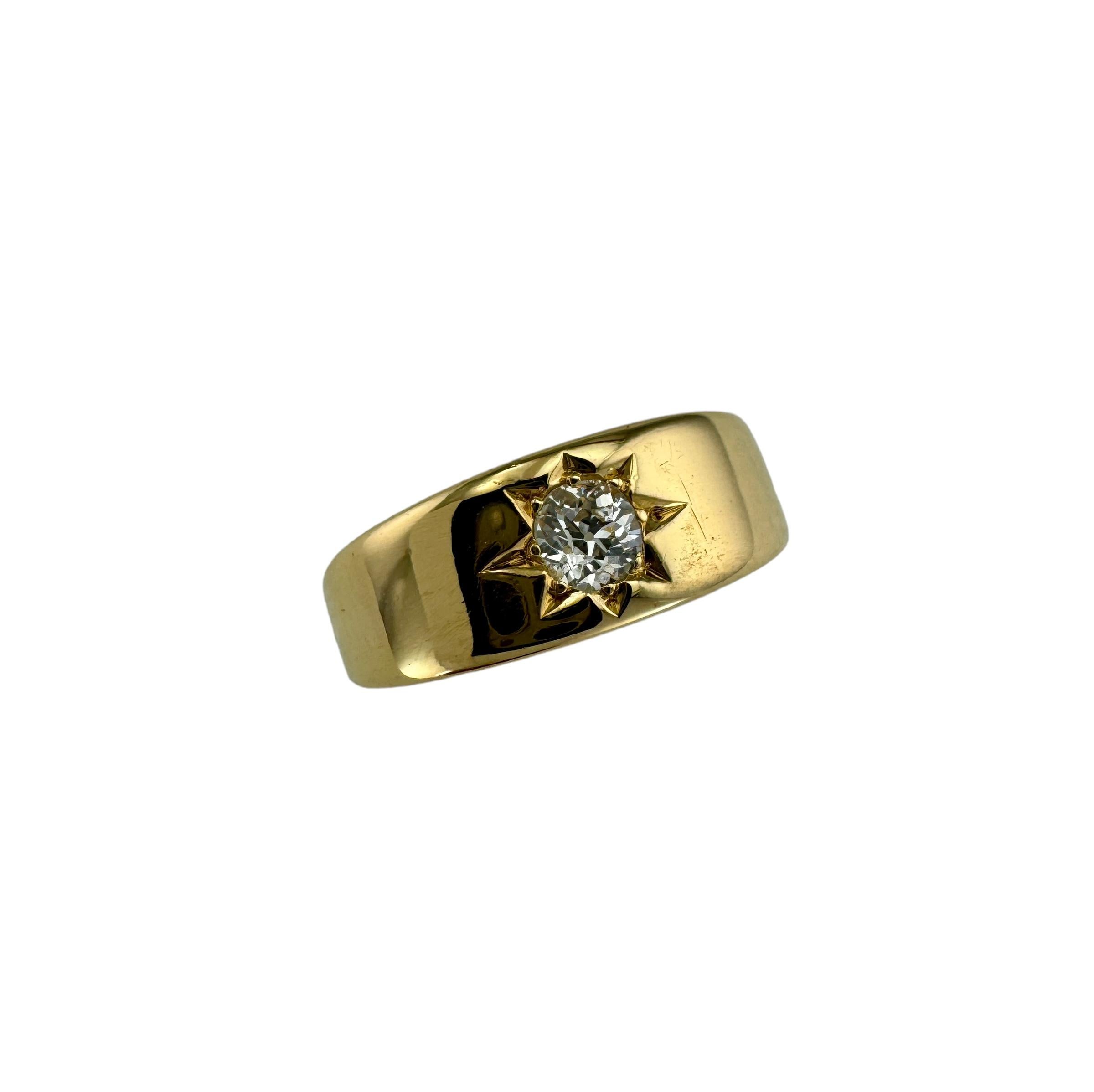 Art Deco diamond yellow gold gypsy ring, circa 1929.

This vintage yellow gold gypsy ring is star set with one Old European cut diamond,  It was made in London around 1929 per it's hallmarks. And this is your basic everyday diamond ring. The diamond