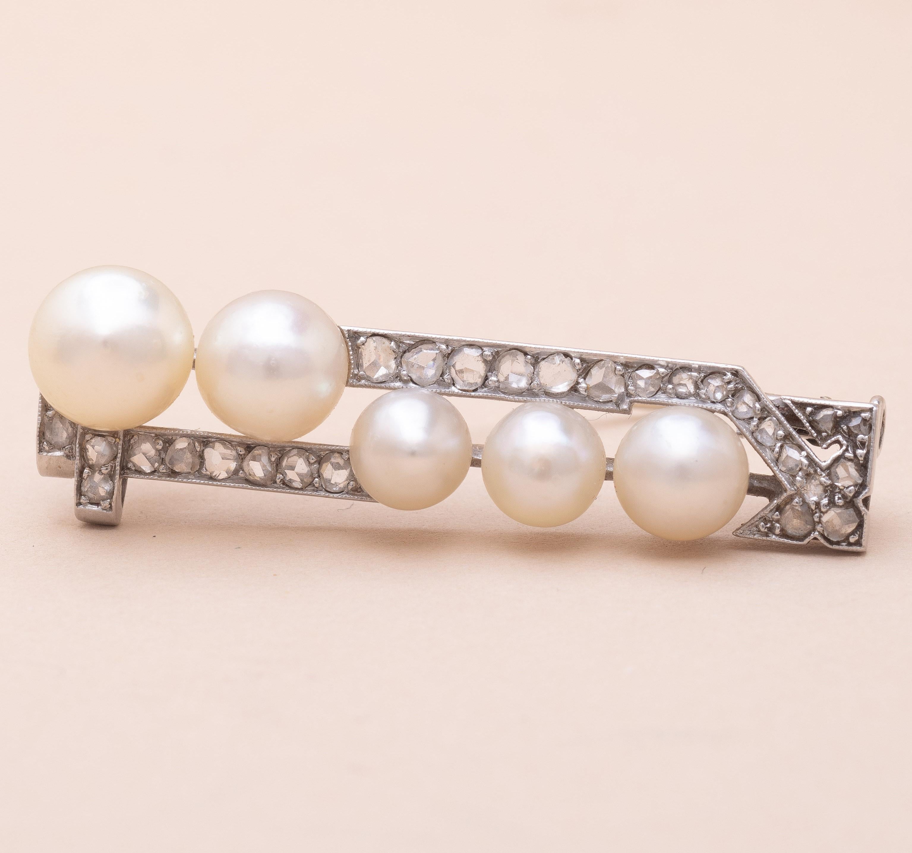 Rose Cut Art Déco Diamonds and Natural Pearls Barrette Brooch For Sale