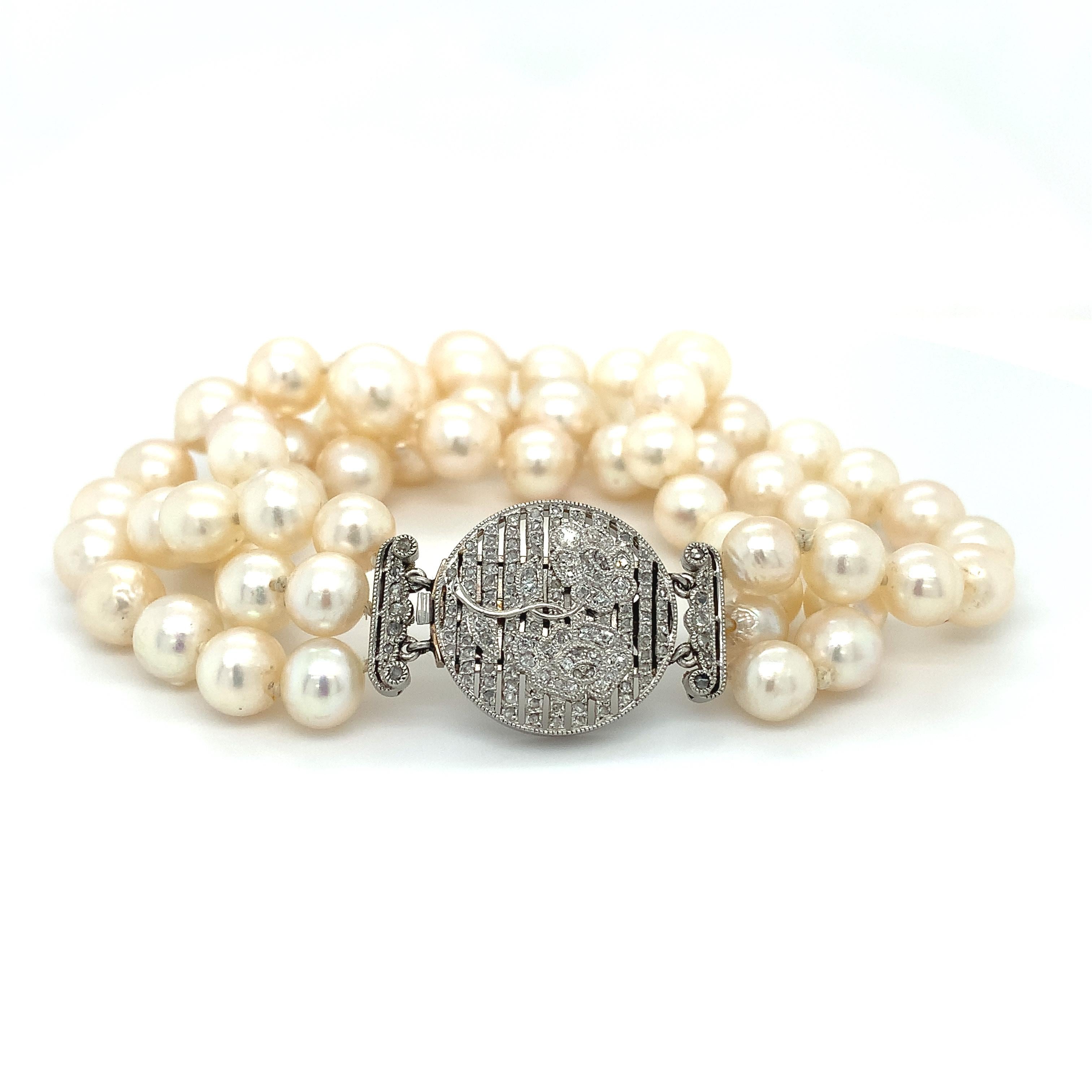 Round Cut Art deco diamonds and pearls triple strand bracelet platinum For Sale
