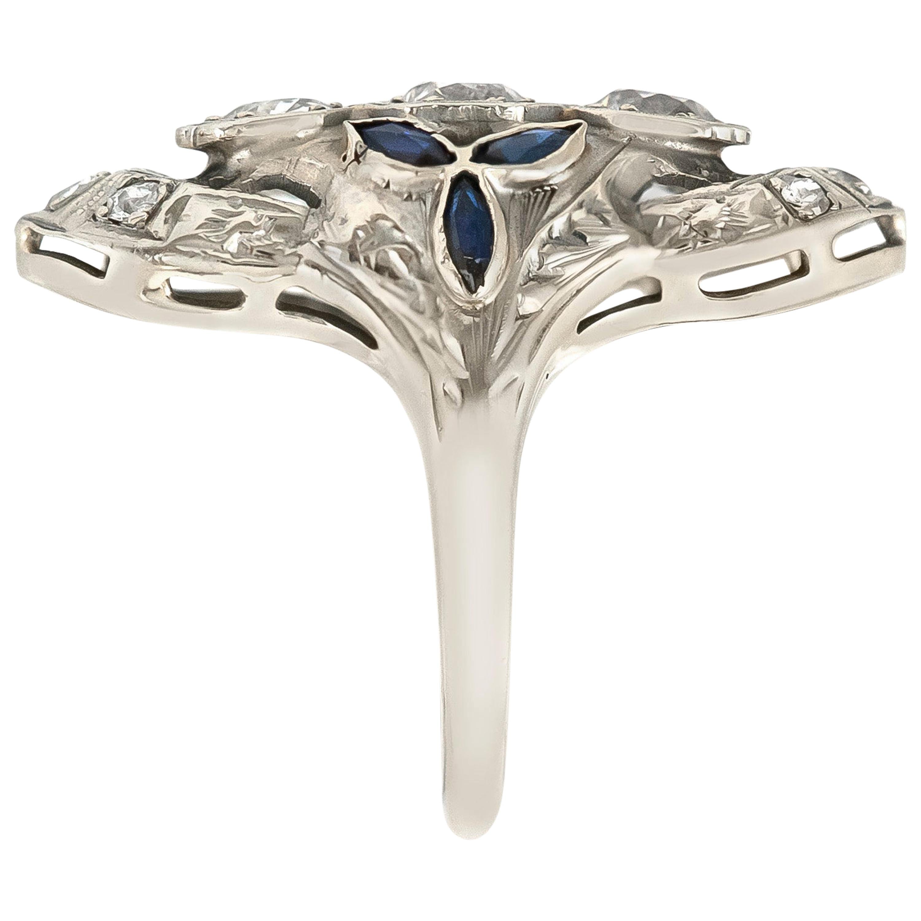 Art Deco Diamonds and Synthetic Sapphire Ring For Sale
