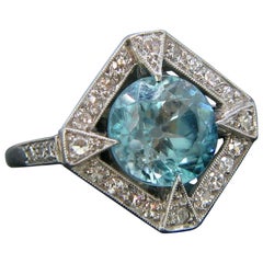 Art Deco Diamonds Blue Zircon Platinum Fashion Ring