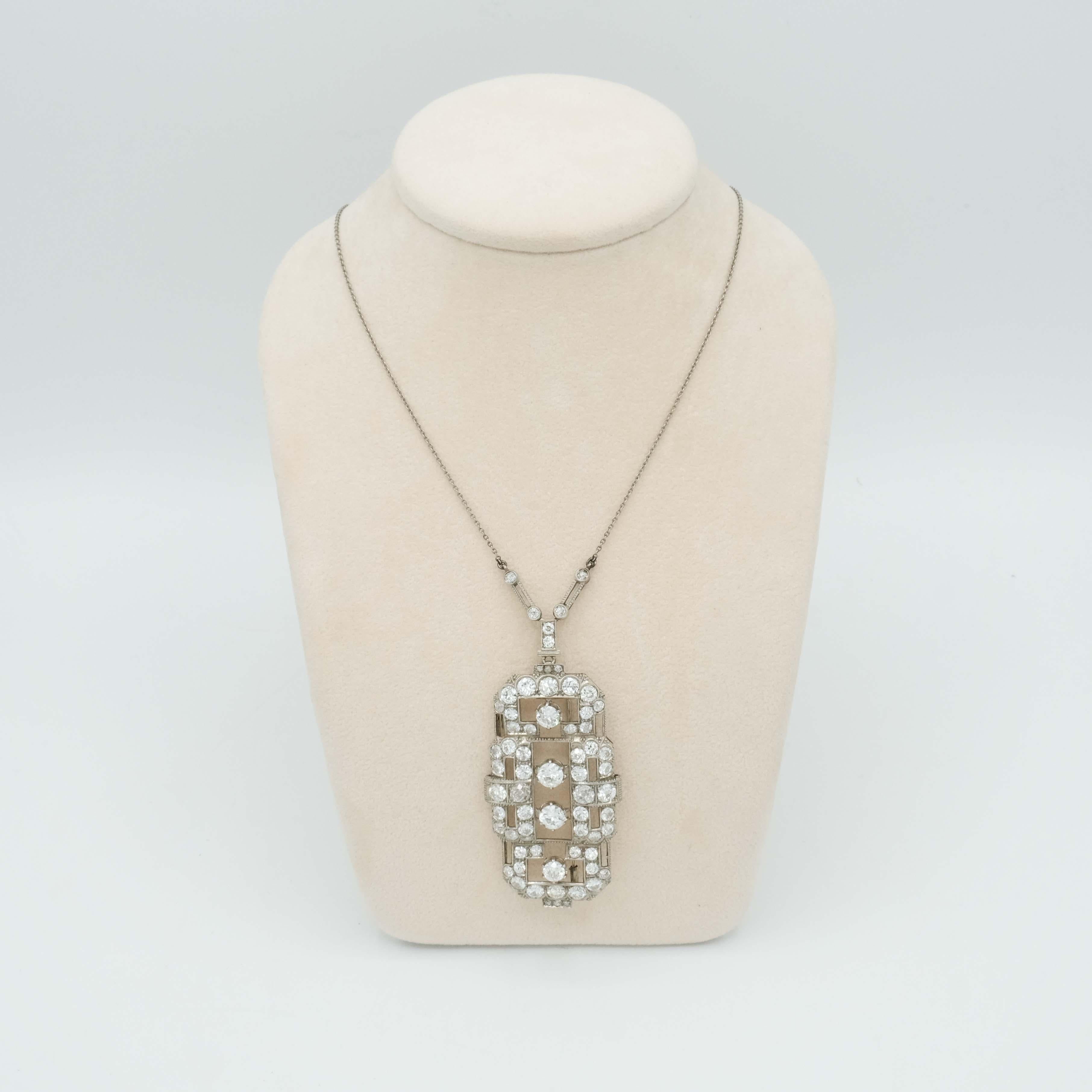 Old European Cut Art Deco Diamonds Brooch and Pendant For Sale
