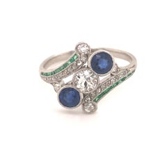 Art Deco Diamonds Emeralds Sapphires Platinum Ring