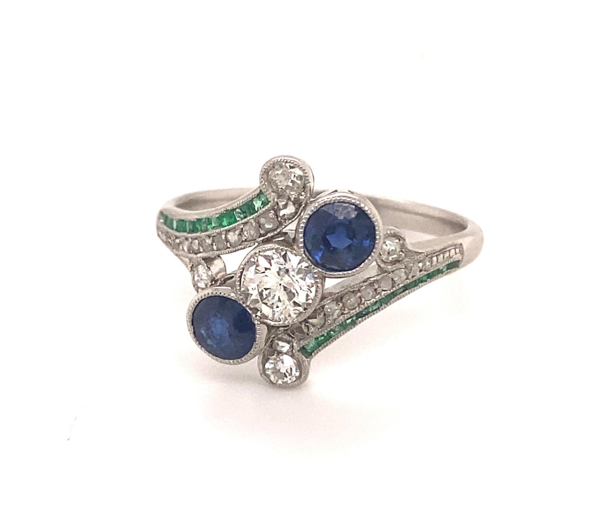 Round Cut Art Deco Diamonds Emeralds Sapphires Platinum Ring For Sale