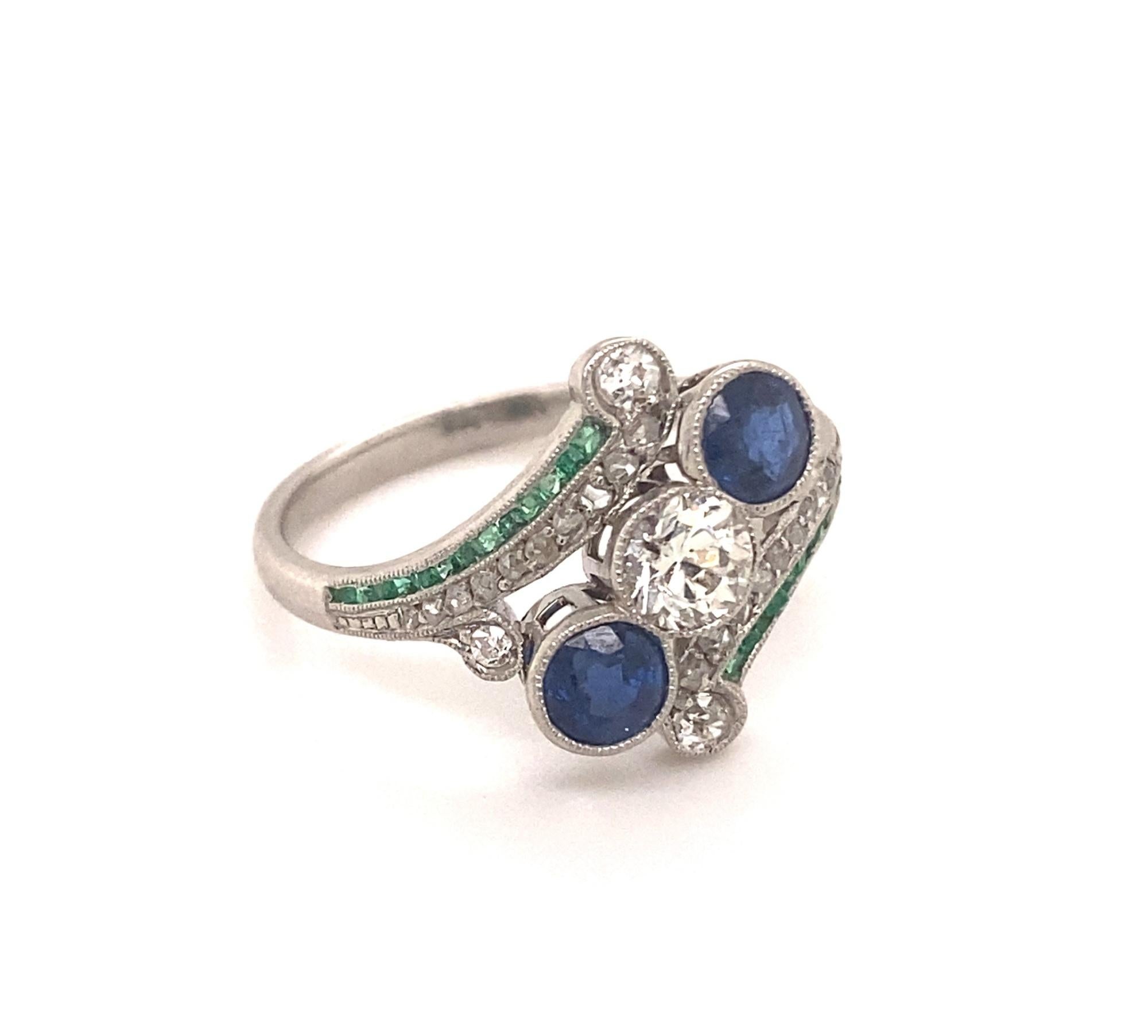 Art Deco Diamonds Emeralds Sapphires Platinum Ring In Excellent Condition For Sale In Woodland Hills, CA