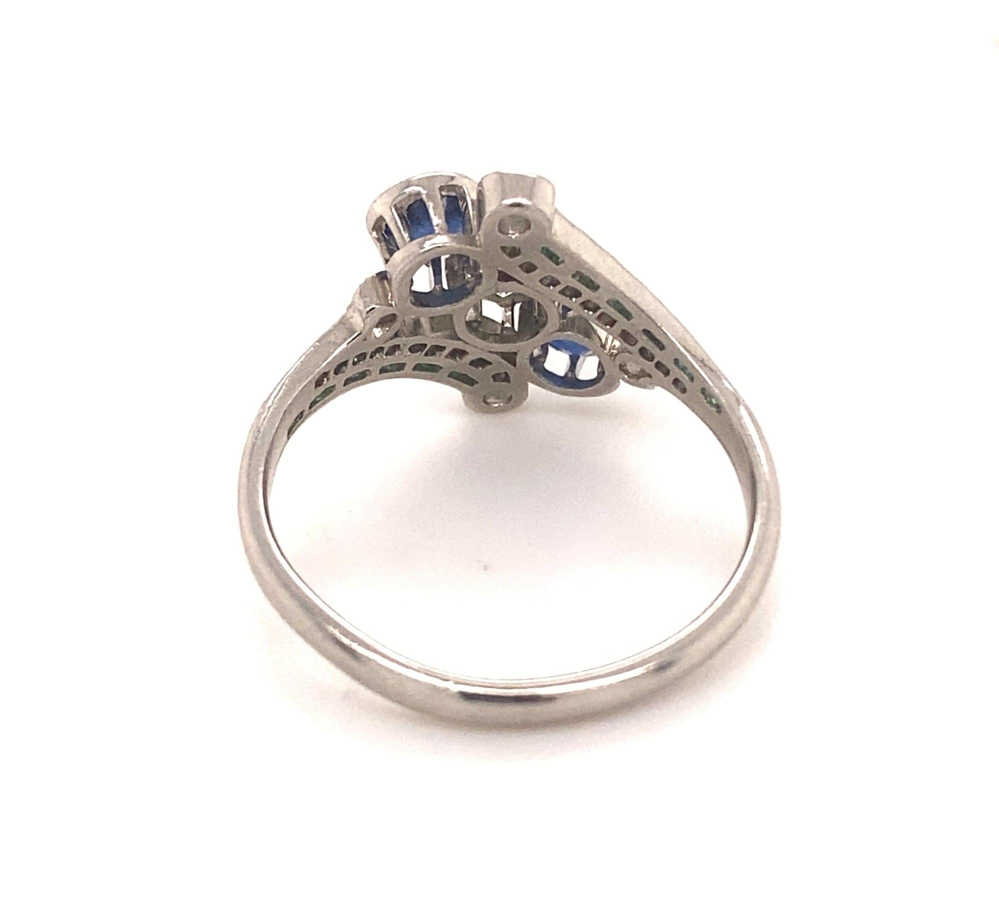 Women's or Men's Art Deco Diamonds Emeralds Sapphires Platinum Ring For Sale