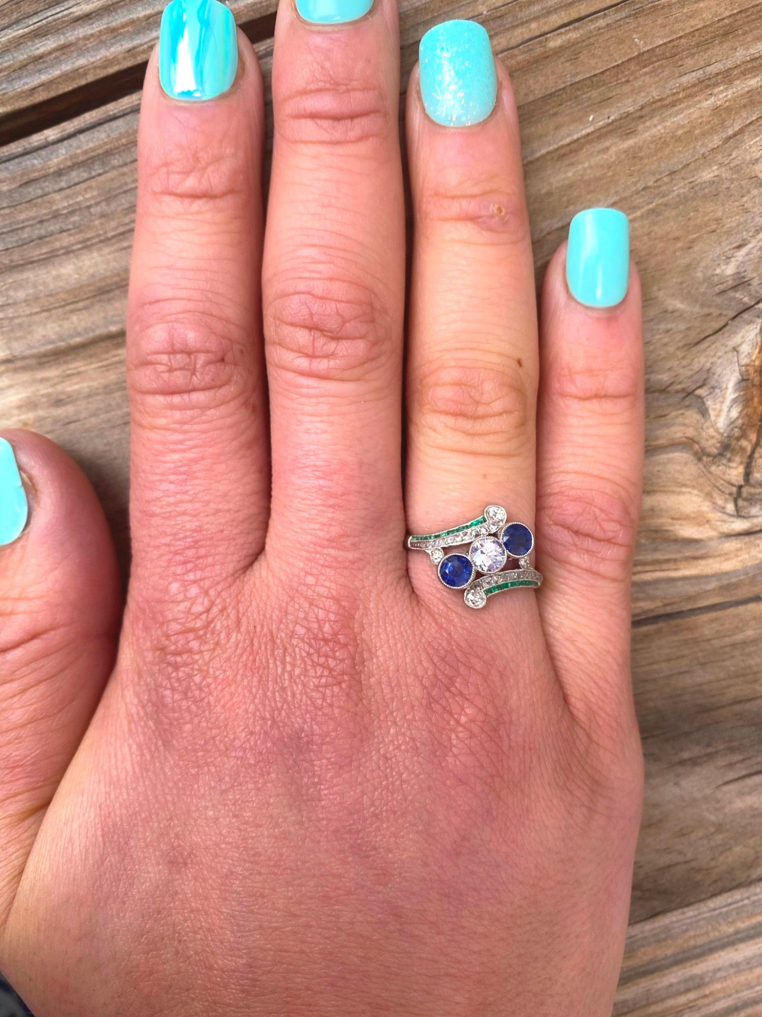 Art Deco Diamonds Emeralds Sapphires Platinum Ring For Sale 1